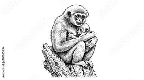 Fotografie Vintage gibbon monkey with baby vector illustration, hand drawn primate mother h