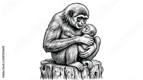 Tableau sur toile Vintage monkey illustration of mother and baby gibbon, hand drawn primate sketch