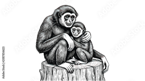Obraz na plátně Vintage gibbon monkey illustration, hand drawn primate mother and baby sitting o