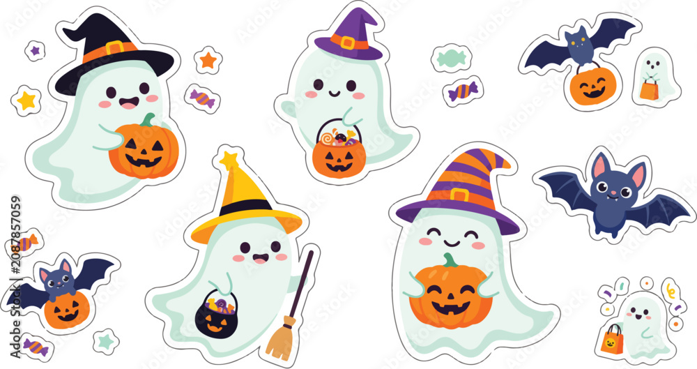 Obraz premium Cute halloween ghost sticker set featuring kawaii cartoon ghosts with pumpkins and bats, perfect for cute halloween