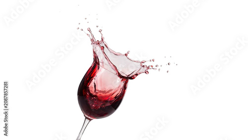 A tilted glass of red wine with a large, artistic liquid splash frozen in mid-air against a black background, emphasizing the movement of wine