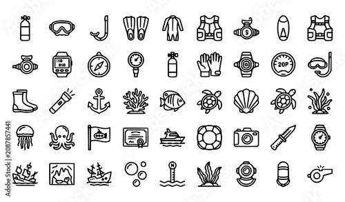 Obraz na płótnie Scuba Diving and Snorkeling Line Icons Set with Diving Equipment, Marine Life, S