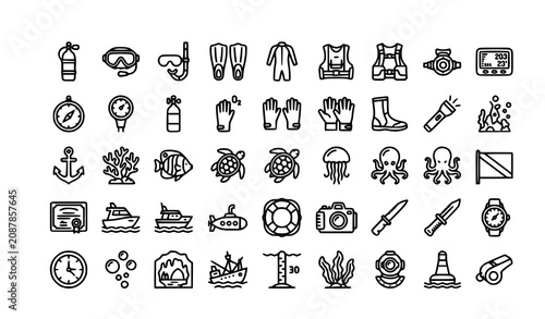 Quadro su tela Scuba Diving and Snorkeling Line Icons Set with Diving Equipment, Marine Life, S