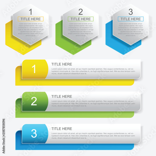 Hexagon and round rectangle 3 step infographic. Number timeline. Business data chart, investment goal, marketing challenge, strategy presentation, achievement diagram. vector template.