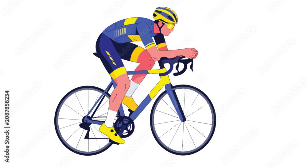 Fototapeta premium Professional Road Cycling Athlete in Blue and Yellow Jersey Riding Bicycle for Speed Competition and Healthy Lifestyle