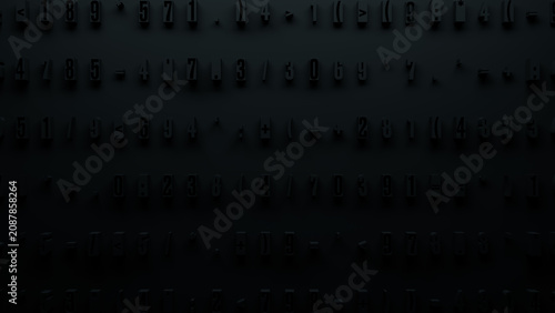 Textured Dark Gradient Background with Dense Monochromatic Array of Varied Size Numbers and Symbols in Abstract Three-Dimensional Design for Digital Art and Technology Applications