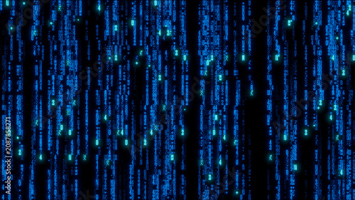 Intricate digital artwork showcasing a dense array of luminous blue and green binary code characters on a solid black background, perfect for technology marketing, and data visualization