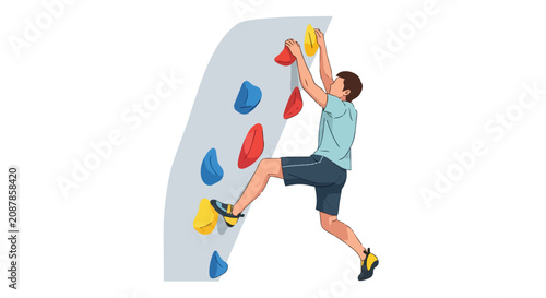 Athletic young man indoor bouldering and rock climbing on artificial wall with colorful holds for fitness training