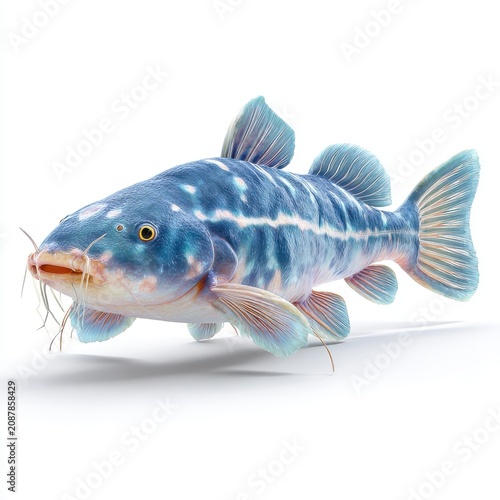 Detailed Blue Catfish Swimming Isolated On White Background With Vibrant Scales And Long Barbels