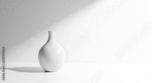 Minimalist white ceramic vase on a white table with soft sunlight and shadows, isolated on white background