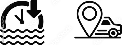 Foto Logistics icon featuring vehicle arrival estimate, location tracking, countdown timer, navigation, transport monitoring, and emergency response, vector illustration