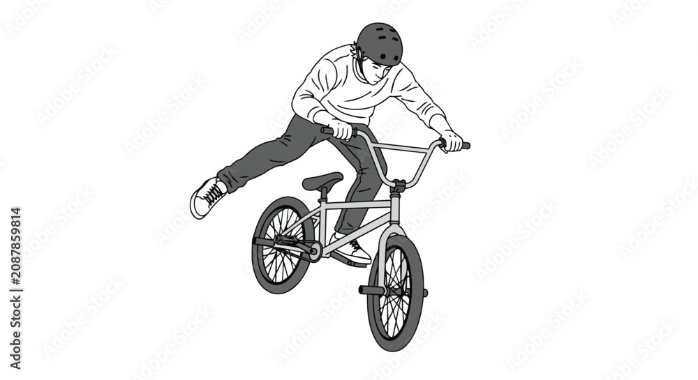 Obraz premium Active Male Cyclist Performing Skillful BMX Stunt Jump in Minimalist Black and White Line Art Style Drawing