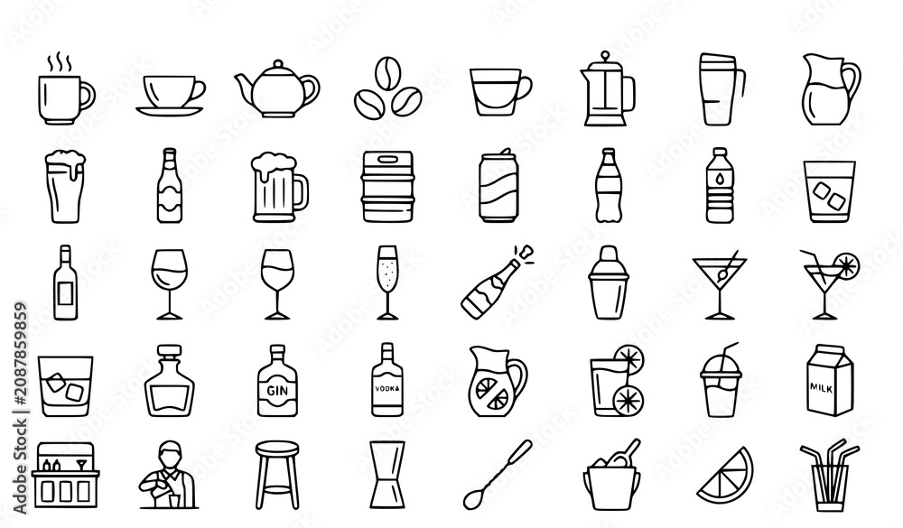 Fototapeta premium Drinks and Beverages Line Icon Set Coffee Tea Beer Wine Cocktail Bottle Glass Vector Illustration Isolated Collection