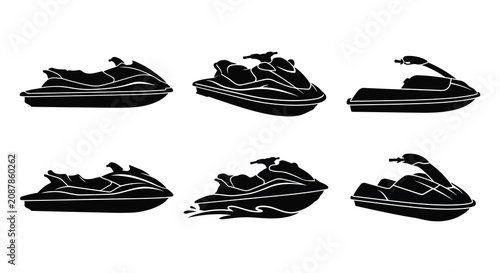 Obraz na plátně Jet ski silhouettes in various perspectives black and white