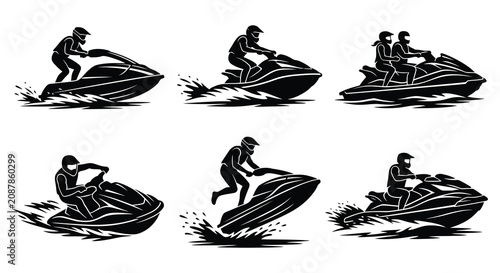 Obraz na plátně Jet Ski Collection With Riders And Water Splashes Silhouette