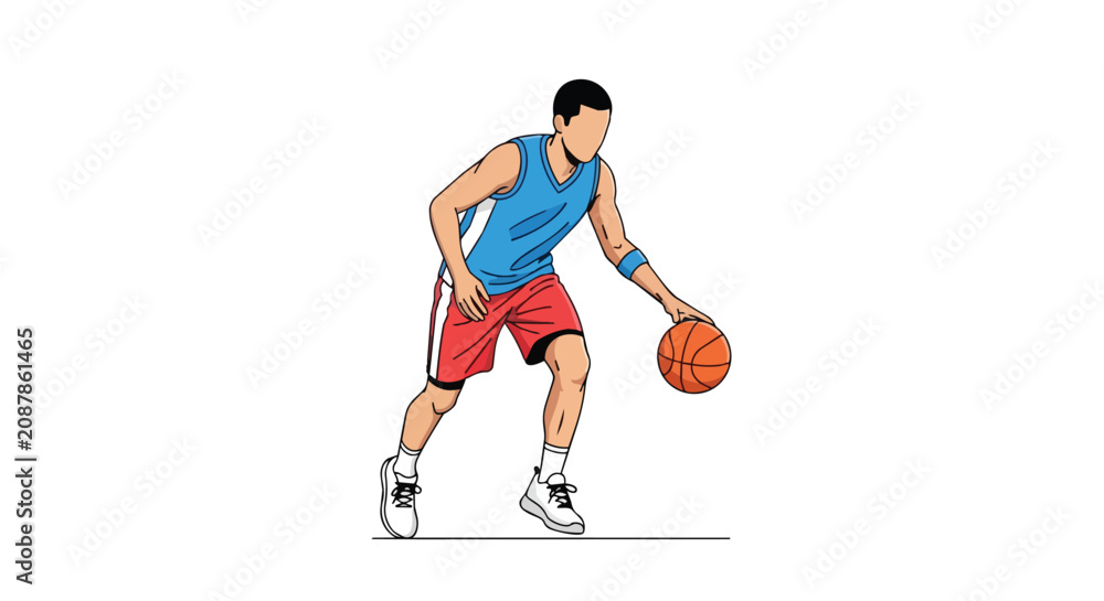 Obraz premium Male Basketball Player Dribbling the Ball in Action Performance Sport Illustration for Competition and Exercise