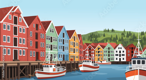 Foto Colorful Nordic Waterfront Harbor Vector Illustration Design Featuring Tradition