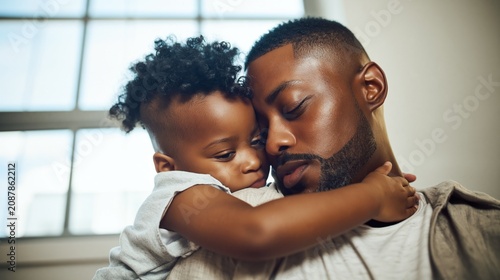 African american father holding his young son, both enjoying a loving embrace, demonstrating deep emotional connection, nurturing parenting, and the bond of family togetherness