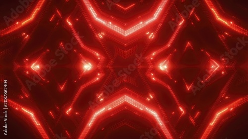 Futuristic red neon glowing geometric pattern with abstract symmetry