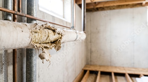 Frayed insulation peeling off old pipe in residential basement