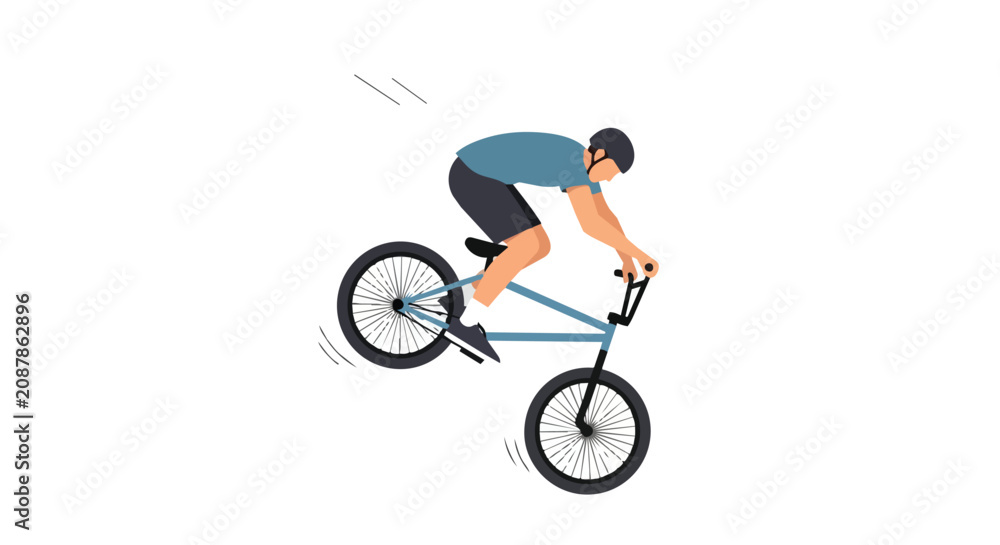 Obraz premium Young Male Cyclist Performing Extreme Stunt Jumping High on a Bike Wearing Protective Helmet and Sportswear