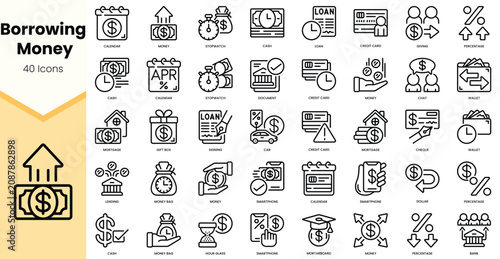 Φωτογραφία A collection of 40 minimalist icons representing various aspects of borrowing money, including loans, cash, and financial transactions