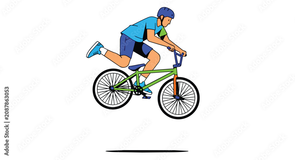 Obraz premium Professional BMX Biker Performing Extreme Air Stunt Jump on Green Bicycle Wearing Blue Safety Helmet