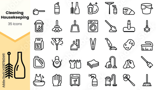 Konstfotografi A collection of 35 minimalist icons representing cleaning and housekeeping essentials