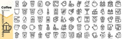 Obraz na plátně A collection of 70 line icons representing various coffee-related items, including cups, beans, and brewing equipment