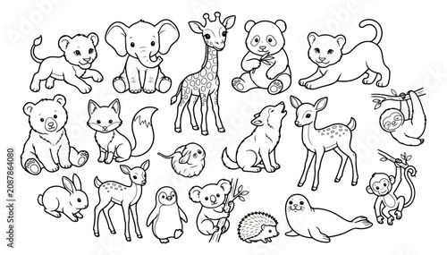 Photography Cute baby animals coloring page vector set, 18 cartoon zoo and forest animal lin