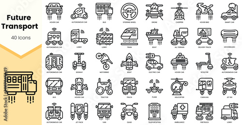 Foto A collection of 40 future transport icons, showcasing innovations like autonomous cars, drones, and electric scooters