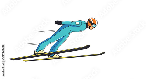Professional Male Ski Jumper Soaring in Mid-Air During Winter Sports Competition with Blue Suit and Helmet
