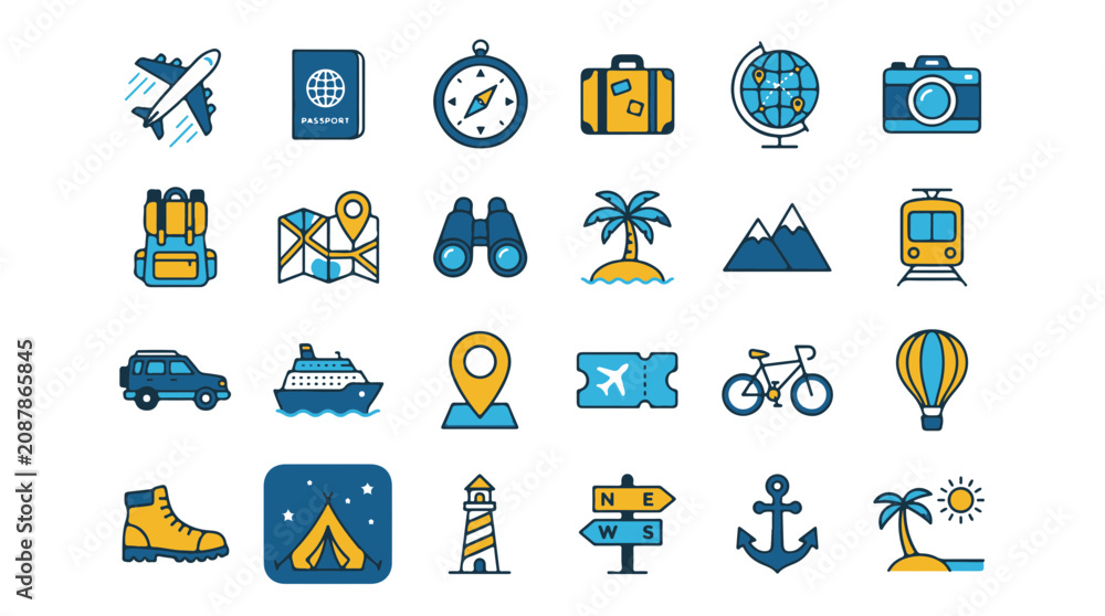 Fototapeta premium Travel and Adventure Icons Collection for Journey Planning and Vacation Experiences