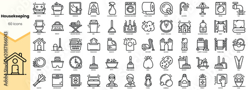 Canvastavla A collection of 60 black and white icons representing various housekeeping activities and tools