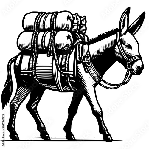 Donkey Carrying Heavy Load of Rolled Fabrics in Minimalist Style