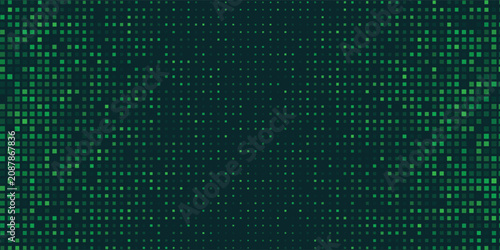 Pixel art background with green gradient texture - digital bitmap pattern with scattered squares and glitch effect.