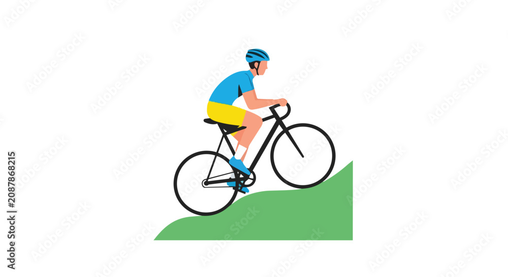 Fototapeta premium Professional male cyclist riding a road bike uphill on a green slope for fitness training and outdoor exercise.