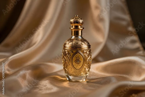 Sophisticated luxury gold perfume bottle displayed on silk fabric
