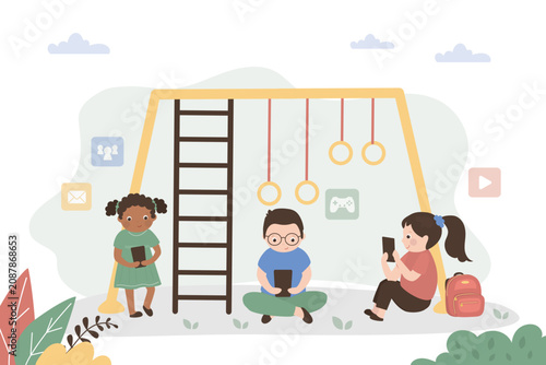 Принти на полотні Three kids sit on a playground, absorbed in their gadgets instead of playing