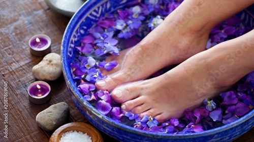 Woman's feet soaking in a beautiful blue bowl filled with water and fresh violet flowers, enjoying a spa wellness treatment with burning candles and natural stones