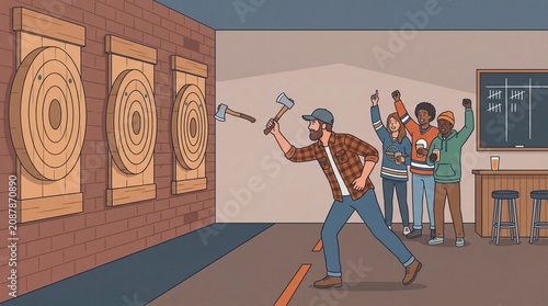 Man throwing axe at target in indoor axe throwing venue with cheering friends
