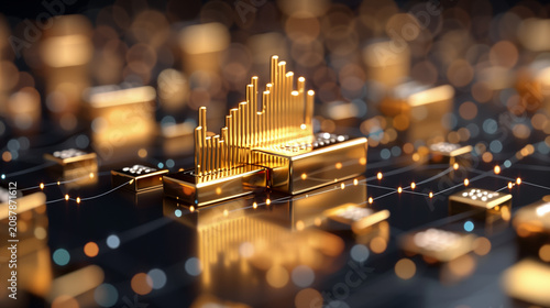 Golden bars arranged in a rising graph symbolizing financial growth and investment success