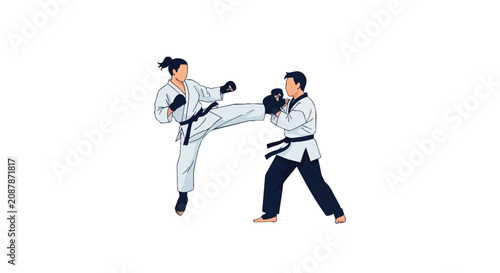 Professional Karate Martial Arts Fighters Sparring with High Kick in White Uniform and Black Belt Training