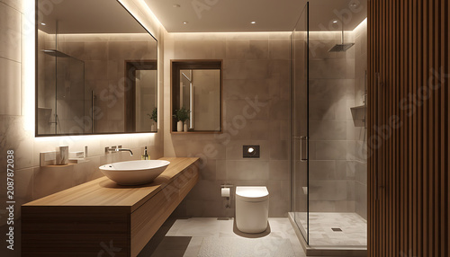 Modern Bathroom Interior with Walk-In Glass Shower, Wood Vanity, Backlit Mirror, and Ambient Lighting