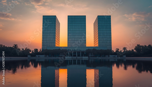 Modern Glass Office Towers Reflected in Water at Sunset, Symmetrical Corporate Building Architecture