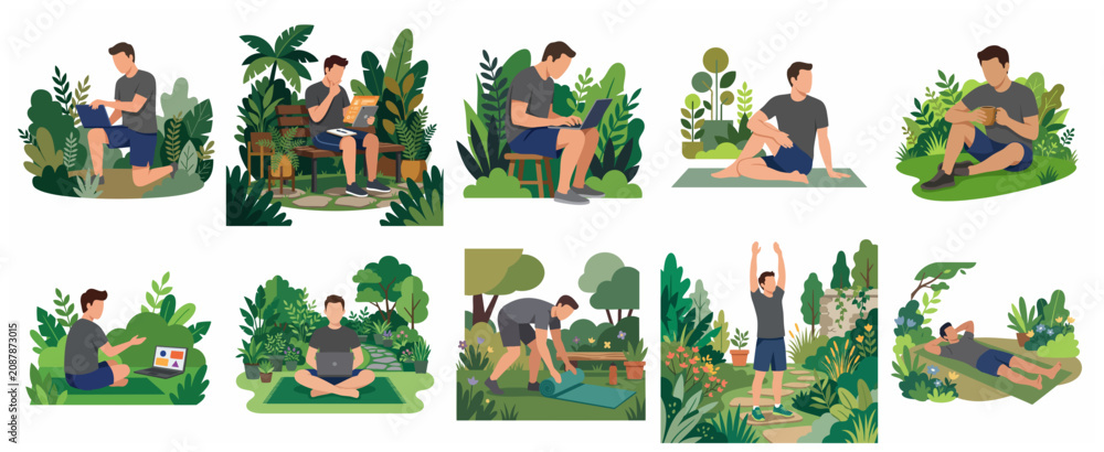 Fototapeta premium Set of flat vector illustrations of a man working remotely and practicing wellness in a lush green garden setting, highlighting work-life balance.