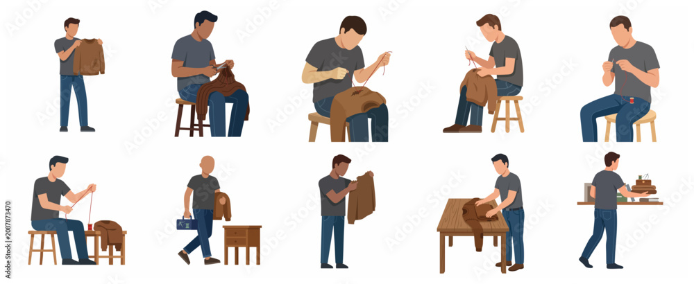 Εκτύπωση καμβά Set of illustrations of a man mending and repairing a sweater, promoting sustain