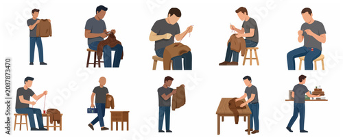 Tablou pe pânză Set of illustrations of a man mending and repairing a sweater, promoting sustain
