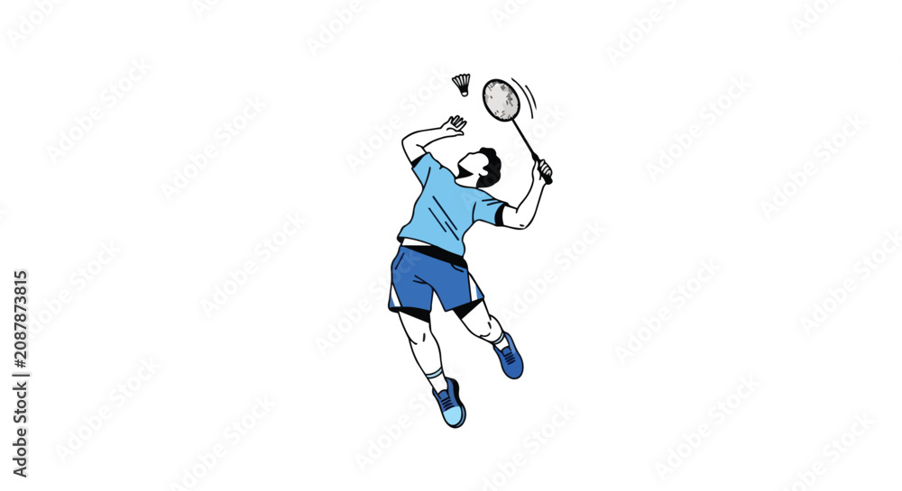 Fototapeta premium Dynamic Male Badminton Player Jumping to Hit the Shuttlecock with Racket Professional Athlete Sports Illustration Design