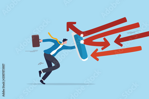 Protection shield to protect from security threat, safety risk or hazard crisis chance, business resilience to win and survive, defense trust control, businessman run with protection shield strength.